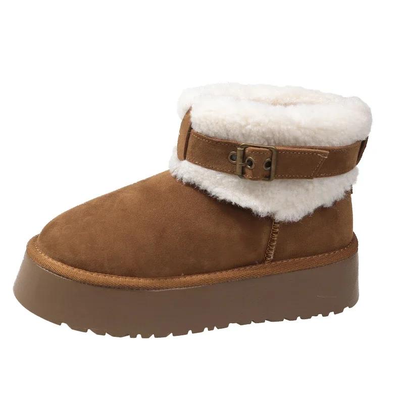 

Мода 2024 года, женская обувь, модные женские сапоги с круглым носком, сплошной плюшевый флис для тепла, короткие зимние сапоги на платформе с бочкообразным верхом 38 малиновый