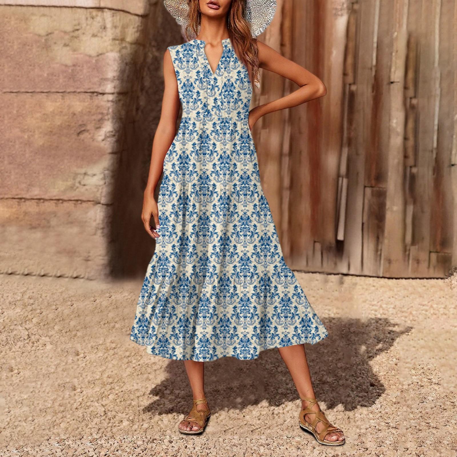 

Жіноча повсякденна та модна сукня міді без рукавів з V-подібним вирізом та принтом XXL