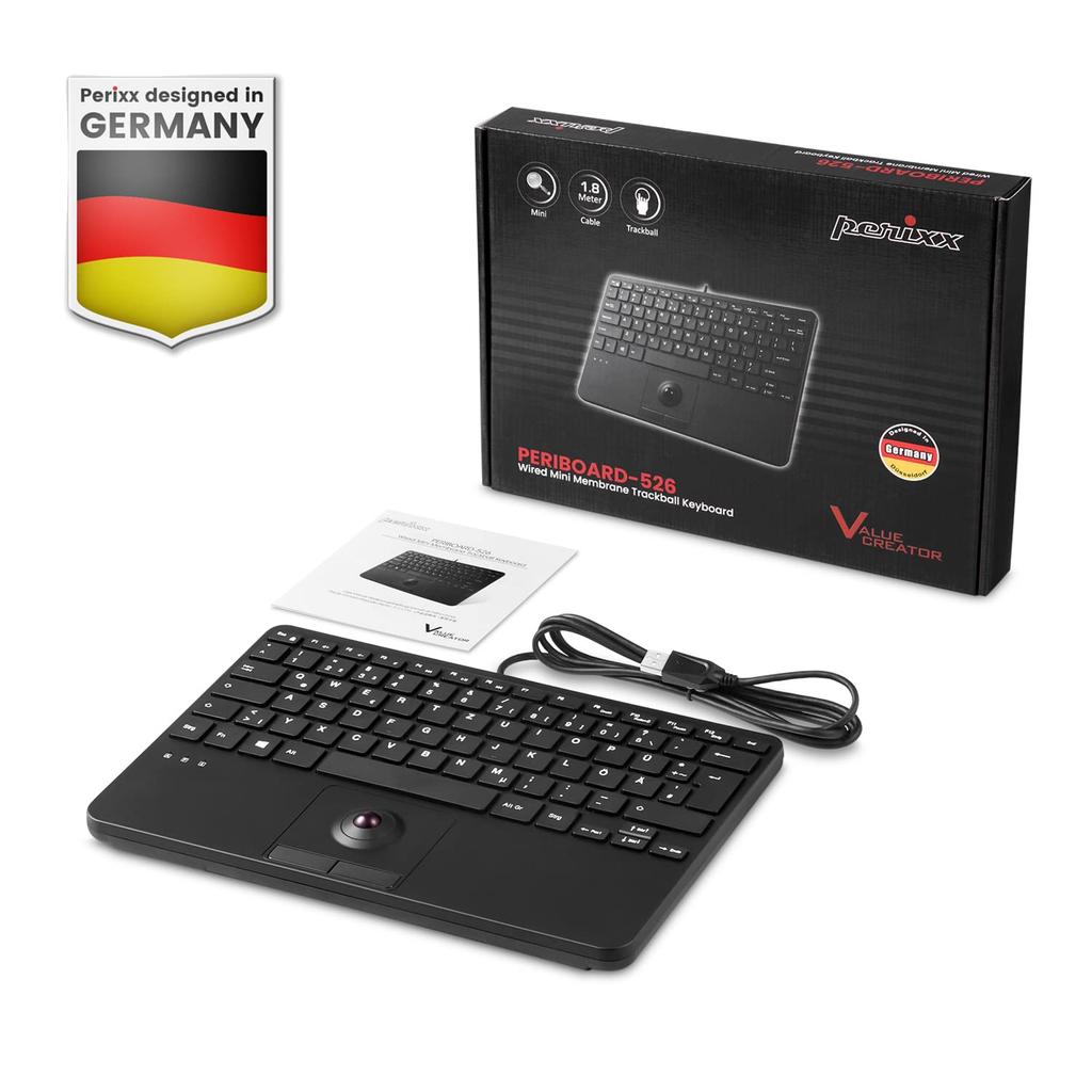 Perixx PERIBOARD-526 US Wired Mini USB Keyboard with Trackball - Scissors, 28.4 X 18.2 X 2.8 Cm, Built-in Dual USB Hub, Black, US Layout