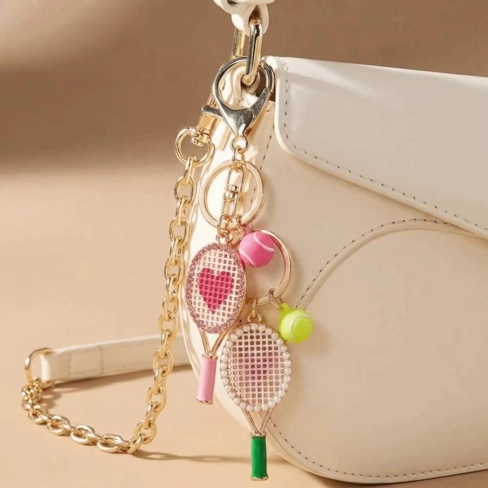 Alloy Inlaid Rhinestone Tennis Racket Keychain Mini Felt Ball Sports Keychain Pendant for Women