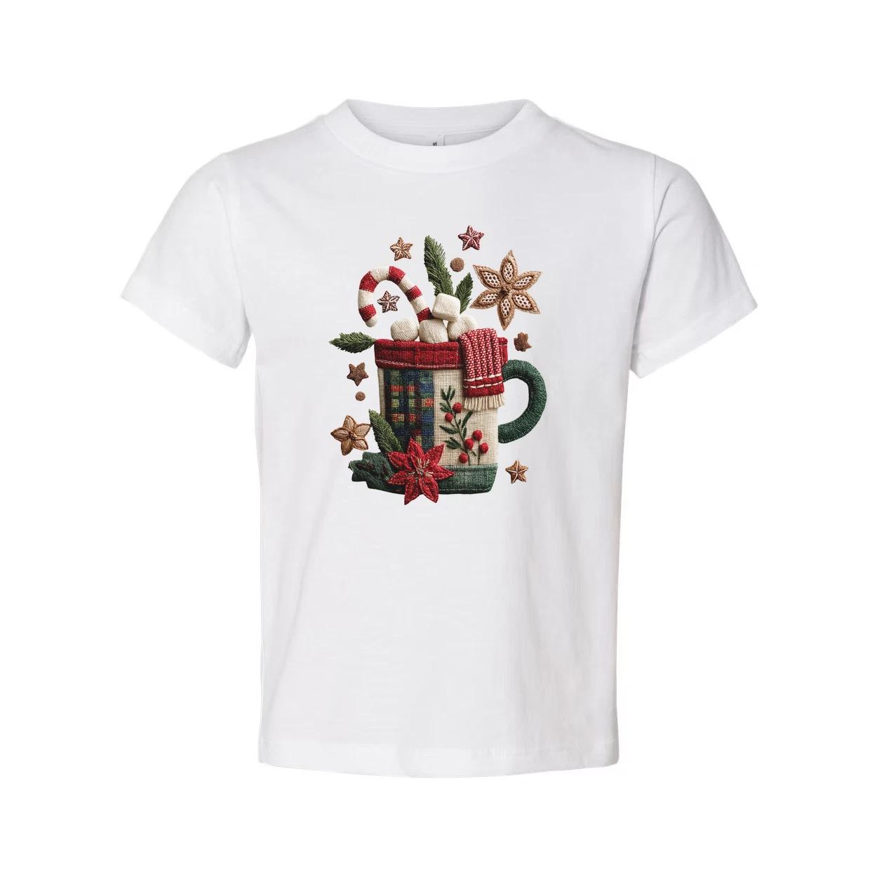 White Unisex Christmas T Shirt With Festive Mug Design Candy Canes Marshmallows S