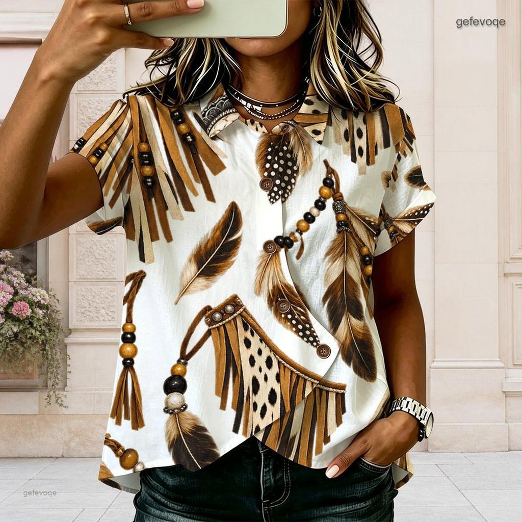 Women Plus Size Paisley Floral Printed Shirt Collared Short Sleeve Button Front Blouse