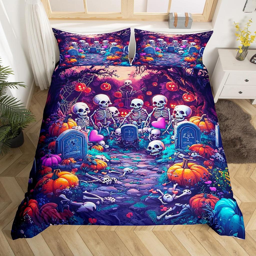 Halloween Twin Duvet Cover Spooky Ghost Pumpkin Bat Bedding Set Horror Castle Funny Halloween Comforter Cover for Kids Adults