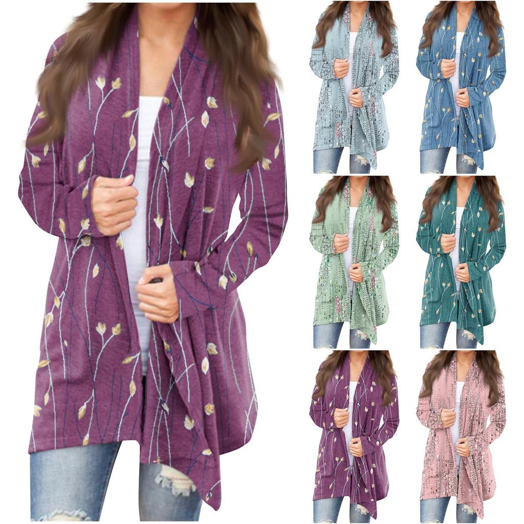Women's Fashion Casual Floral Print Medium Length Cardigan Jacket Coat