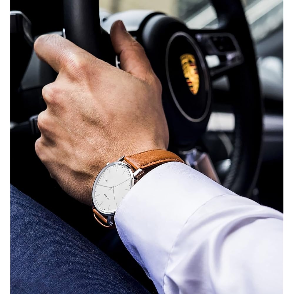 BUREI Men's Simple Business Watch Leather Waterproof Analog Date Stylish Slim Design