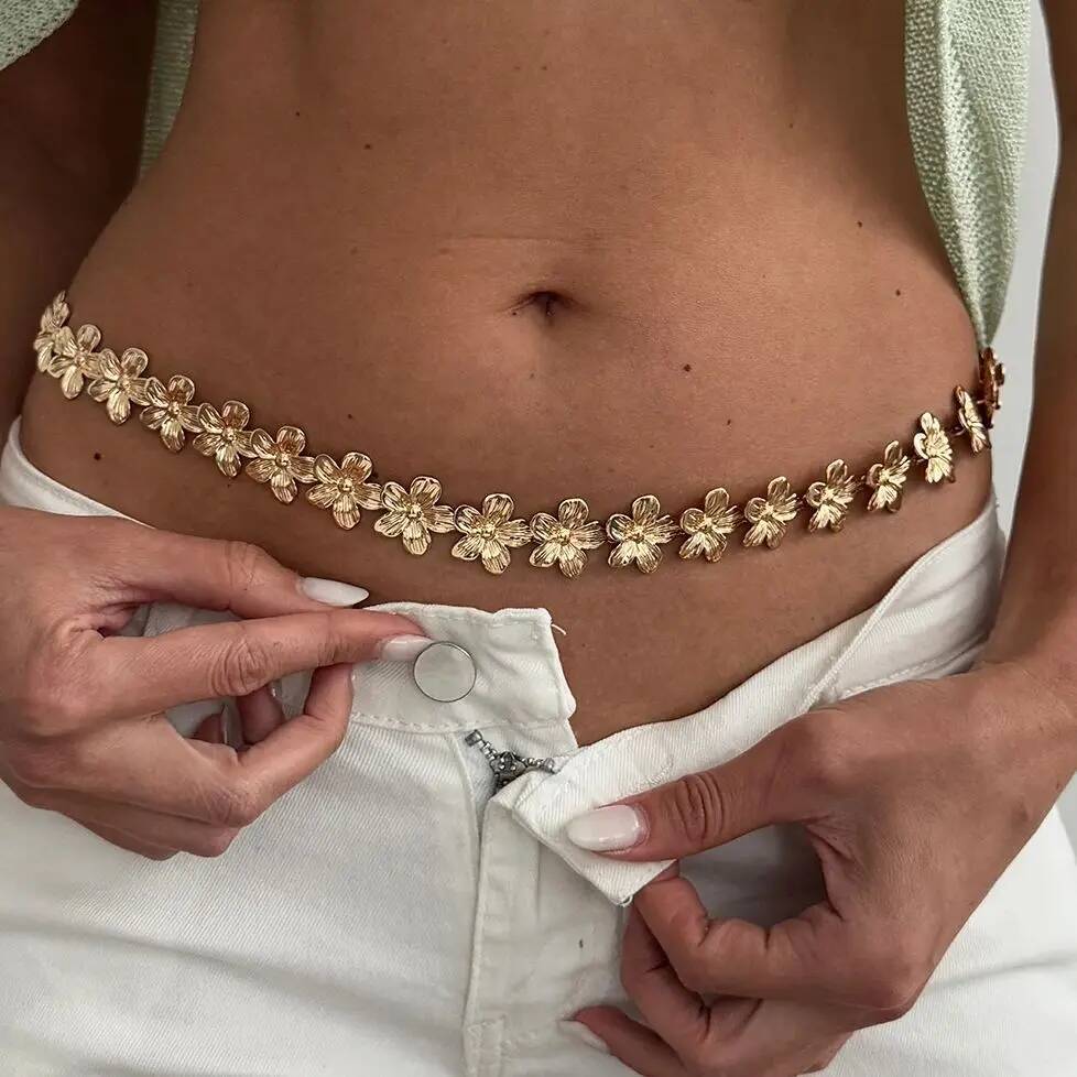 SHIXIN Bohemian Gold Color Metal Flower Belly Chain Women Sexy Bikini Adjustable Waist Chain Summer Beach Body Jewelry Y2K New