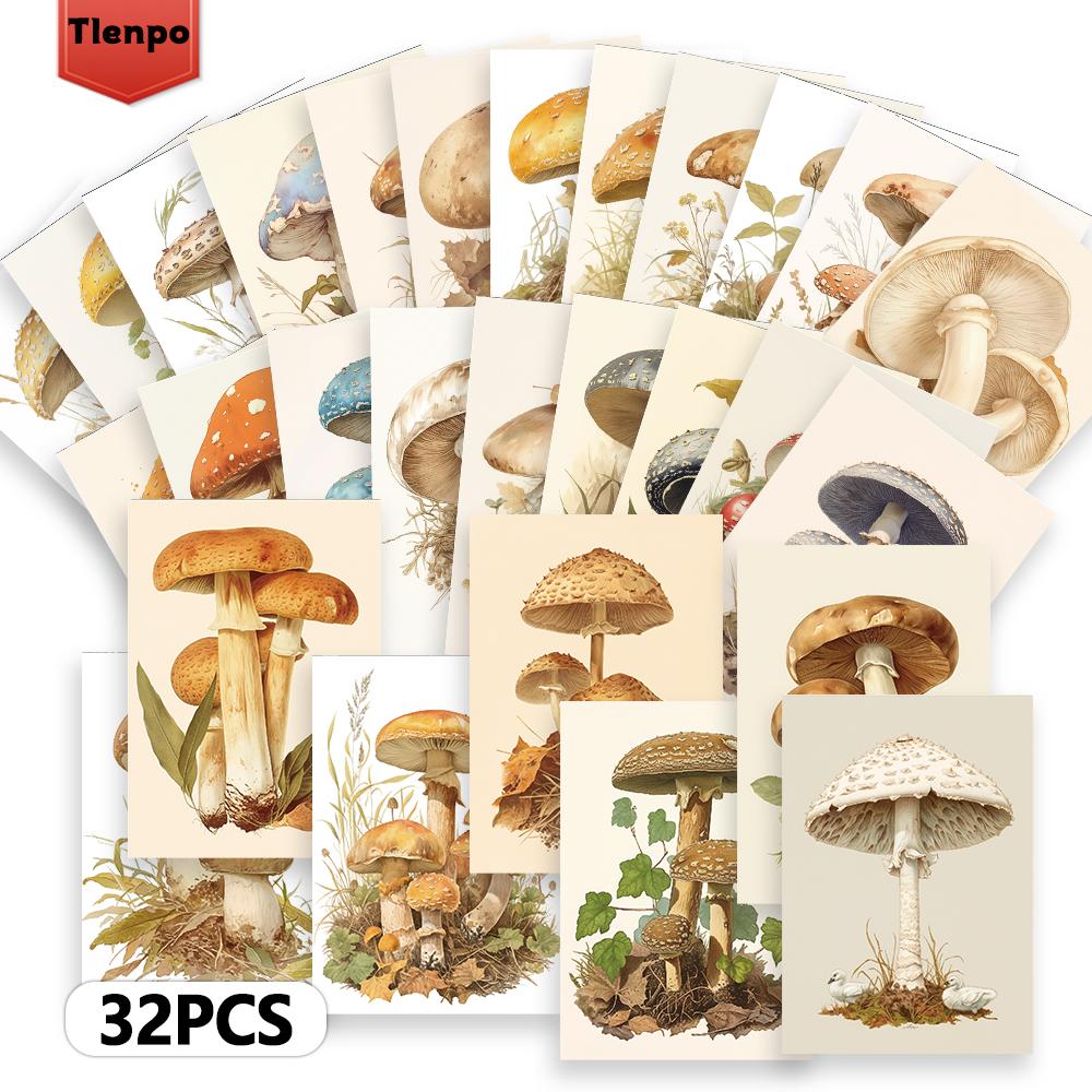 32pcs, Vintage Mushroom Postcards, Plant Art, Greeting Cards, DIY Postcards, Decorations, Collectible and Giftable