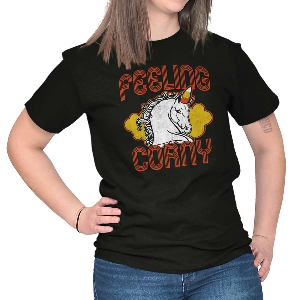Funny Halloween Unicorn Pun Feeling Corny Womens Graphic Crewneck T Shirt Tee M
