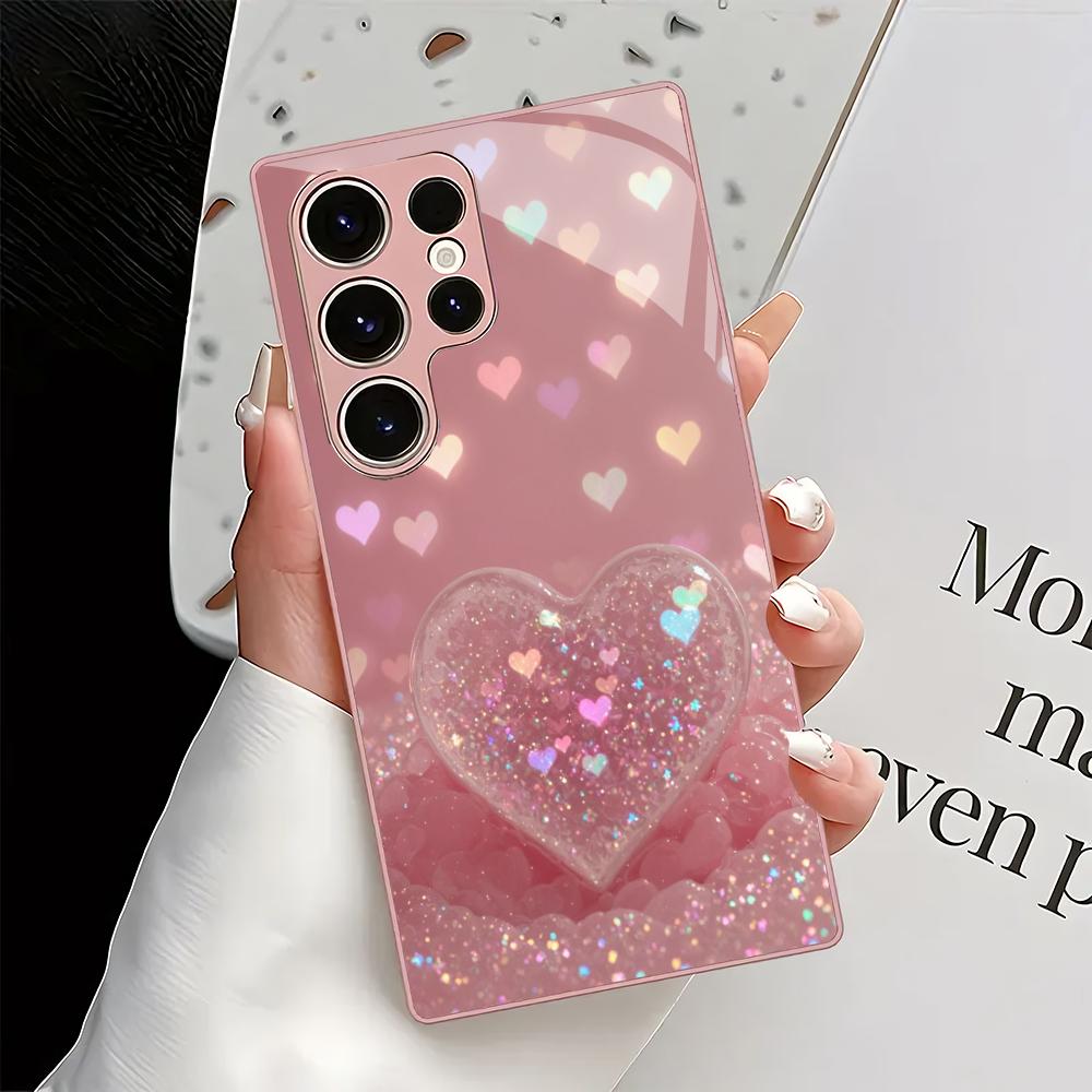 Pink Heart-shaped Design Glass Phone Case Suitable for Samsung Galaxy S26 S25 S24 S23 S22 S20FE/Ultra/Plus Shockproof Back Cover