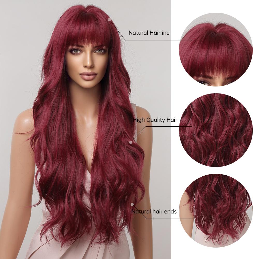 Lang Golvend Bordeaux Donkerrood Synthetisch Haar Pruiken met Pluizige Pony voor Vrouwen Wijnrood Body Wave Halloween Cosplay Natuurlijke pruik