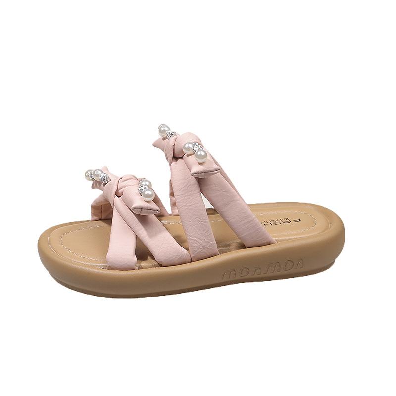 Thick-soled women's outer slippers, new in summer 2025, not tired feet, pearl bow sandals, soft-soled beach slippers