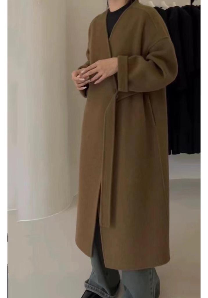 2025 V-neck Double-sided Wool Coat with Flowing Ribbon - Women's Autumn/Winter Design