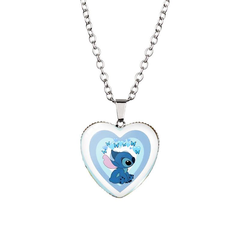 Adorable Stitch Cartoon Heart Necklace For Kids With Stunning Glass Pendant And Alloy Chain