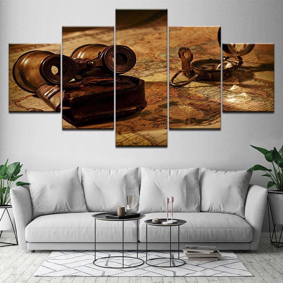 Antikes Teleskop und Karte 5-teilige HD-Hintergrundbilder Leinwandbild modern Poster Modulare Kunstmalerei für Wohnzimmer Heimdekoration