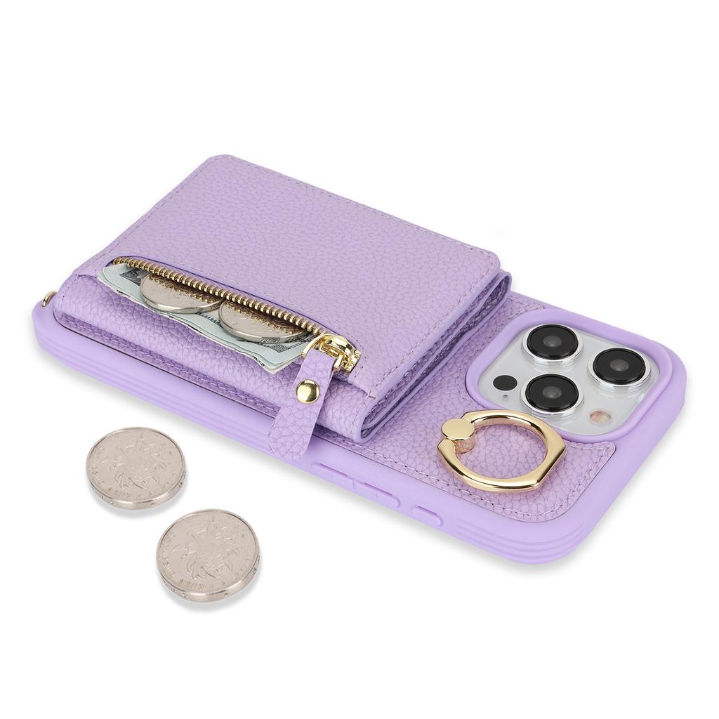 For iPhone 14 Pro Max Case Card Holder Wallet Leather+TPU Crossbody Phone Cover with Ring Kickstand