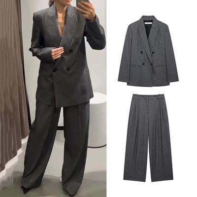 Women Fashion Vintage Blazer Suits Duoble Breasted Pockets Jacket High Waist Long Trousers Office Lady Two Piece Set