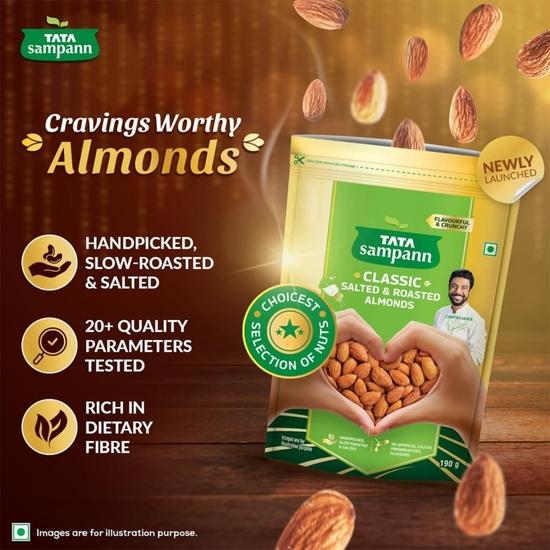 TATA Sampann Klassische gesalzene & geröstete Mandeln | Geschmackvoller & knuspriger Snack | Handverlesen, gesalzen | Reich an Protein, Magnesium | 190g