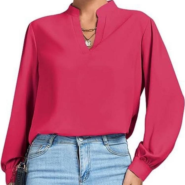 Women Work Shirt Elegant High Neck Long Sleeve Loose V-neck Top Stylish Soft Breathable Lightweight Pullover Shirt