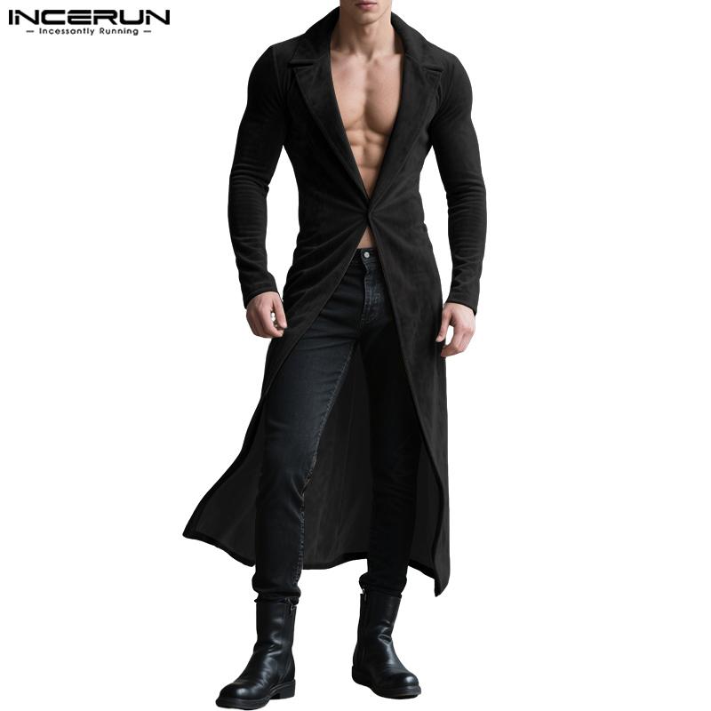 INCERUN Autumn Men Long Sleeve High Splits Open Front Long Corduroy Coats Windbreaker