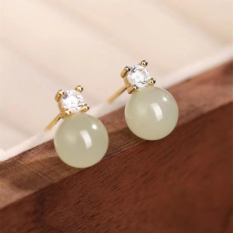 

PANJBJ 925 Sterling Copper Hotan Jade Studs Earring for Women Zircon Geometry Round Simplicity Vintage Zircon Gift Dropshipping