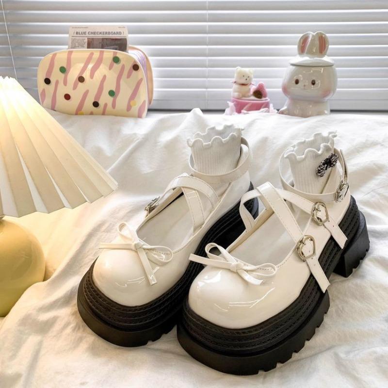 Fashion Spring Butterfly Knot Sweet Cute Lolita Shoes Thick Heel Women Mary Jane Single Shoes PU Leather Round Toe Women Japanese Shoes