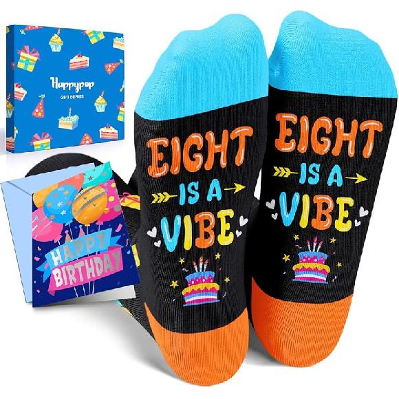 HAPPYPOP Birthday Socks for Boys Girls - Birthday Gifts for Kids Age 5-10 with Greeting Card Black Eight is a Vibe