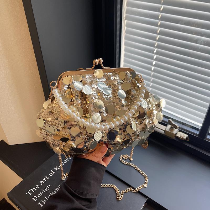 Bag, Women's Sequin Dinner, Shell Clip Bag, Light Luxury Socialite Pearl Handbag, Versatile Chain Shoulder Crossbody Bag