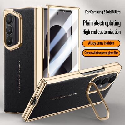 HD&Privacy Screen Glass Hinge Protect Leather Case for Samsung Galaxy Z Fold 8Ultra Plating Plain PU Lens Stand Shockproof Cover