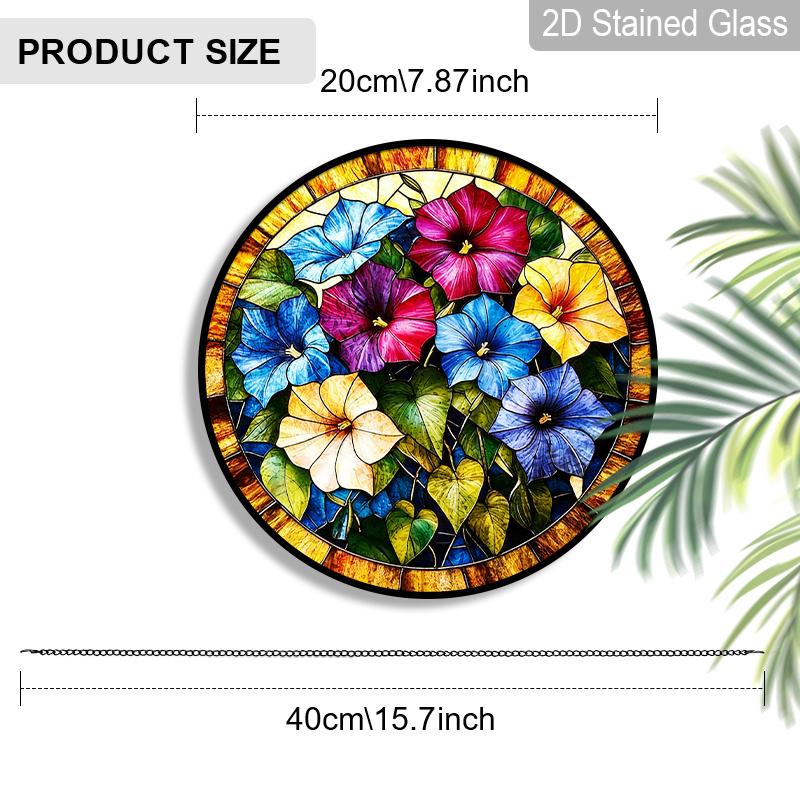 2D Flat, 1pc Morning Glory Round 7.87in Glass Suncatcher, Multicolor Morning Glory Floral Print Window Hanging Ornament, Climbing Flower Home Decor