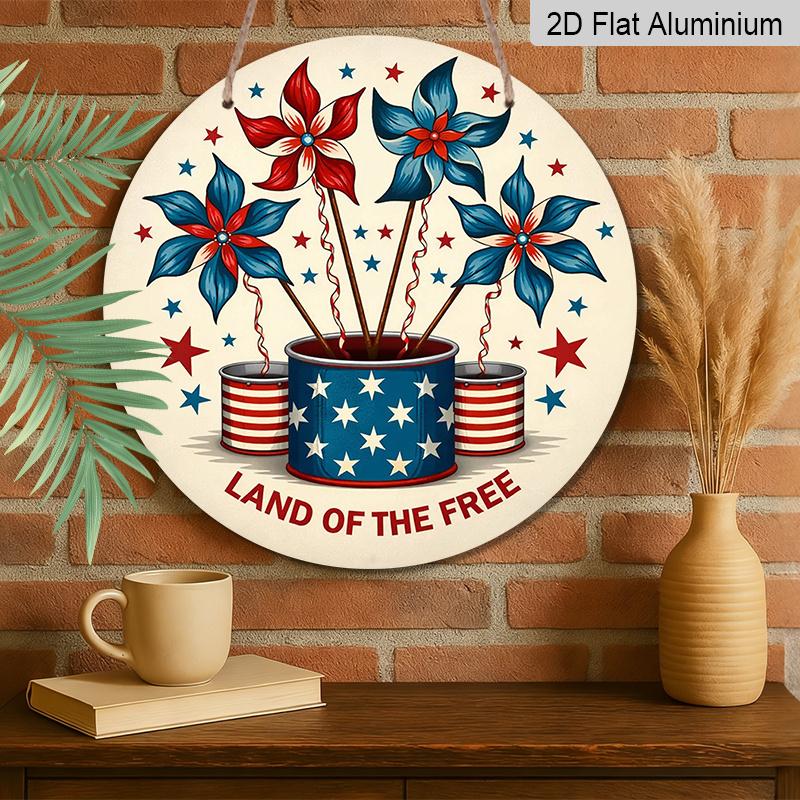 2D Flat, 1pc Round "Land Of The Free" Aluminum Hanging Sign, Patriotic Red White Blue Pinwheel Windmill Design, Rustic Retro Metal Wall Decor