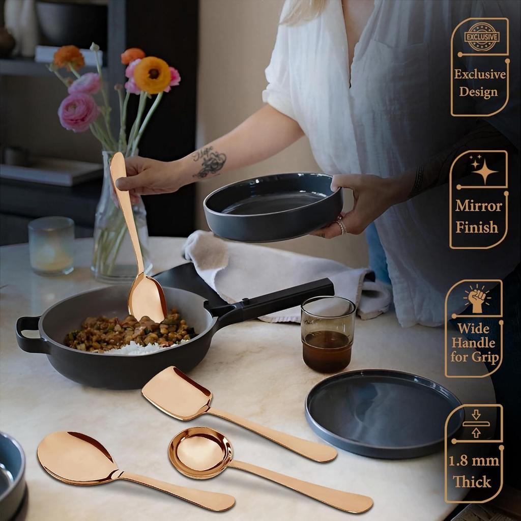 4 Pieces Stainless Steel Rose Gold Serving Spoons Set for Dining Table/Kitchen, 1.8 Mm Heavy Gauge
