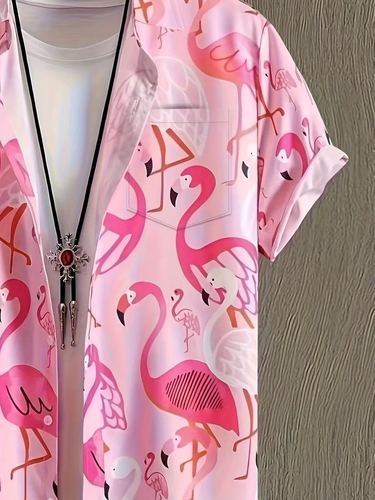 Men'S Plus Size Short-Sleeve Flamingo Print Casual Shirt - Pink Tropical Design, Non-Stretch Fabric, Summer Vacation Outfit with Waist Pocket, Large