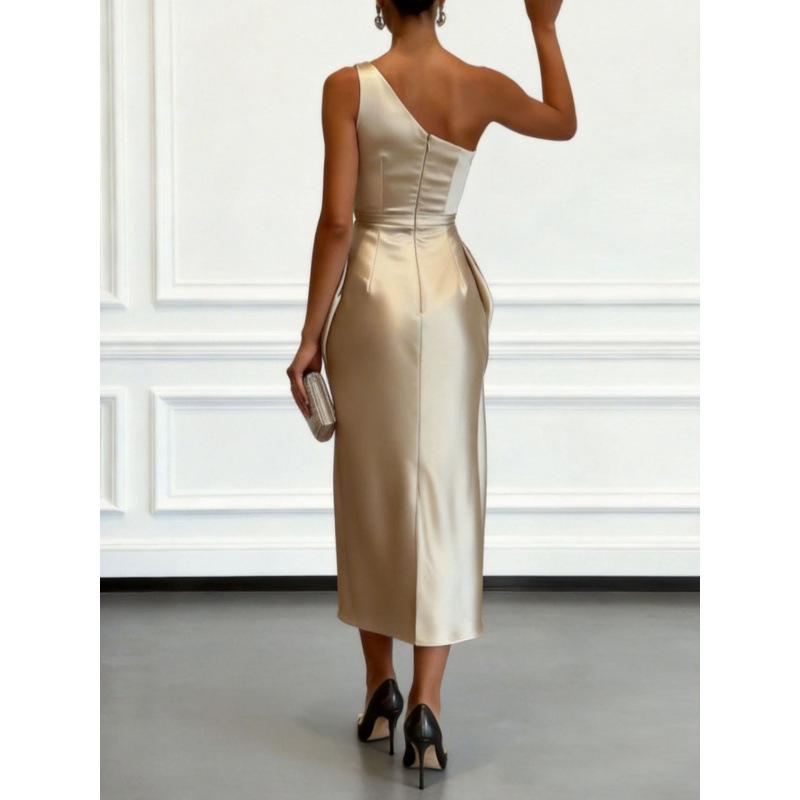 European and American Summer High Elastic Satin Sleeveless Slanted Shoulder Waist Medium and Long Dress Elegant Evening Dress