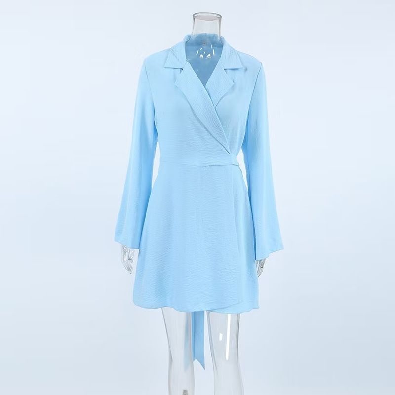 

Fashion Style New Arrival Pure Color Short Skirt Shoelace Tailored Collar Dress Lace up Suit Collar Dress Blue S
