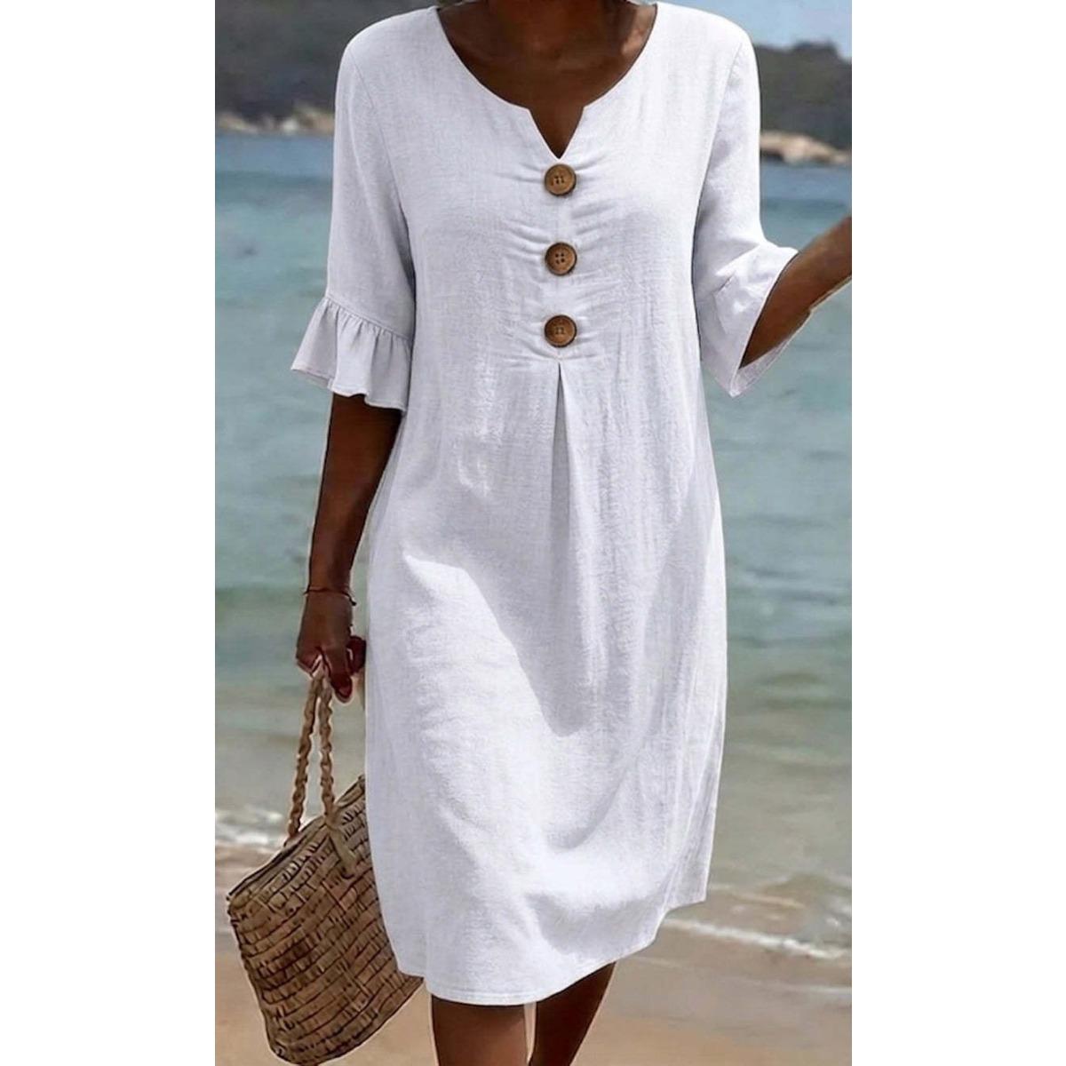 Women s V-Neck Button Down Linen Blend Dress Casual Ruffle Half Sleeve Midi Dress S белый
