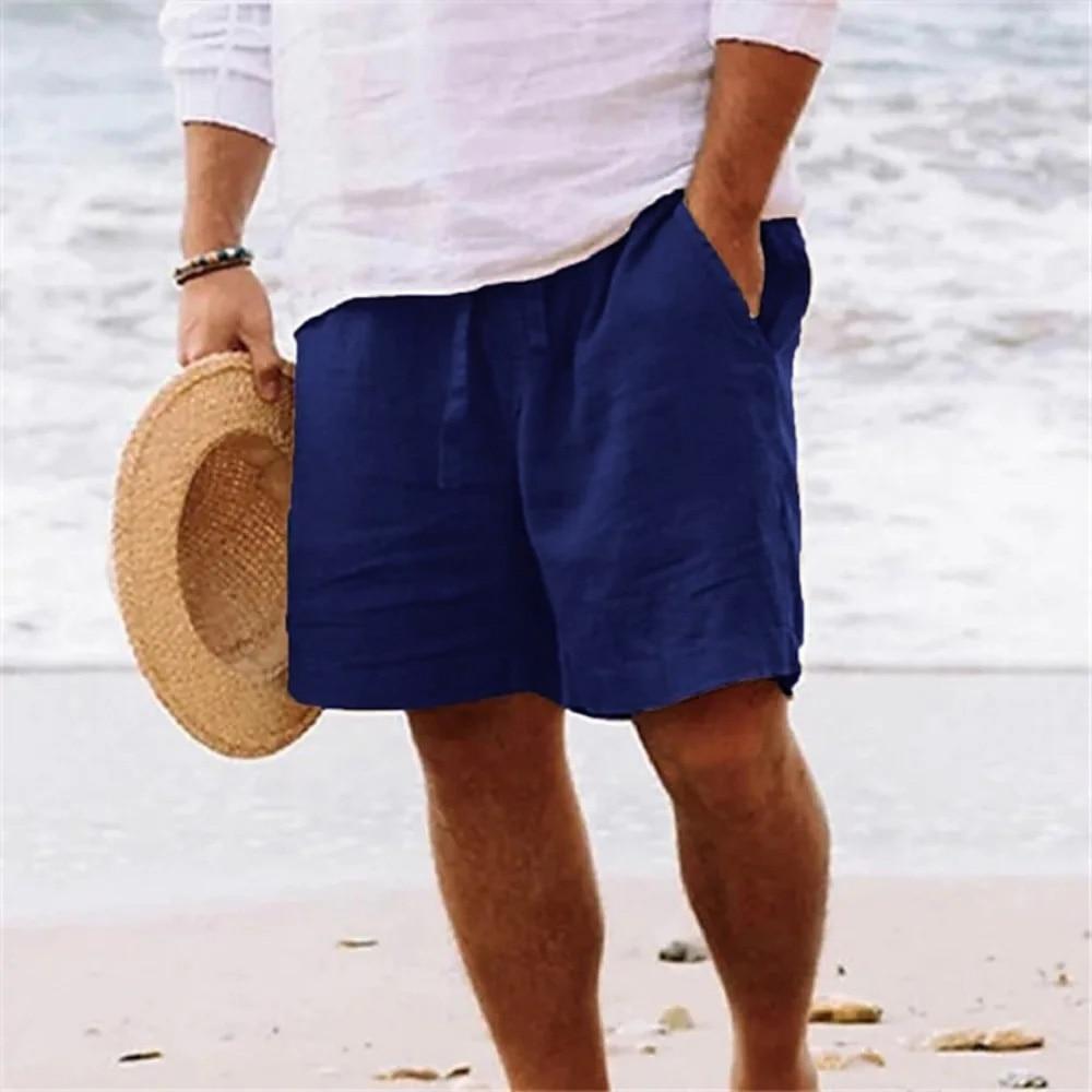 Men's Casual Linen Shorts Elastic Drawstring Waist Loose Fit Summer Beach Vacation Shorts with Pockets