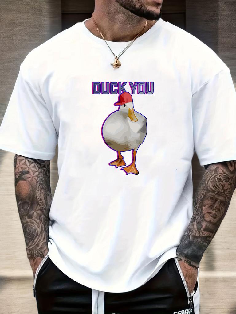 Mens Funny Duck Graphic Cotton TShirt DUCK YOU Red Hat Duck Pattern Short Sleeve Breathable Comfort Fit Casual Daily Wear Top