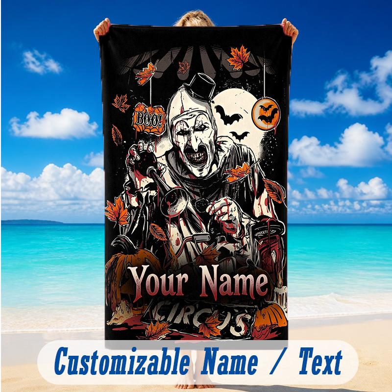 Beach Towel Custom Name Text, Quick Dry Large Towel For Beach HomeTerrifier Art the Clown