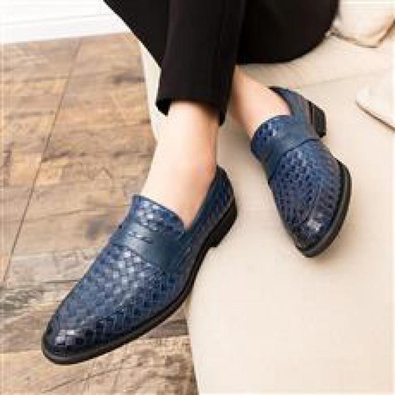 

Большие мужские плетеные кожаные мокасины без застежек, деловой повседневный стиль с острым носком, профессиональный британский дизайн. 43 синий