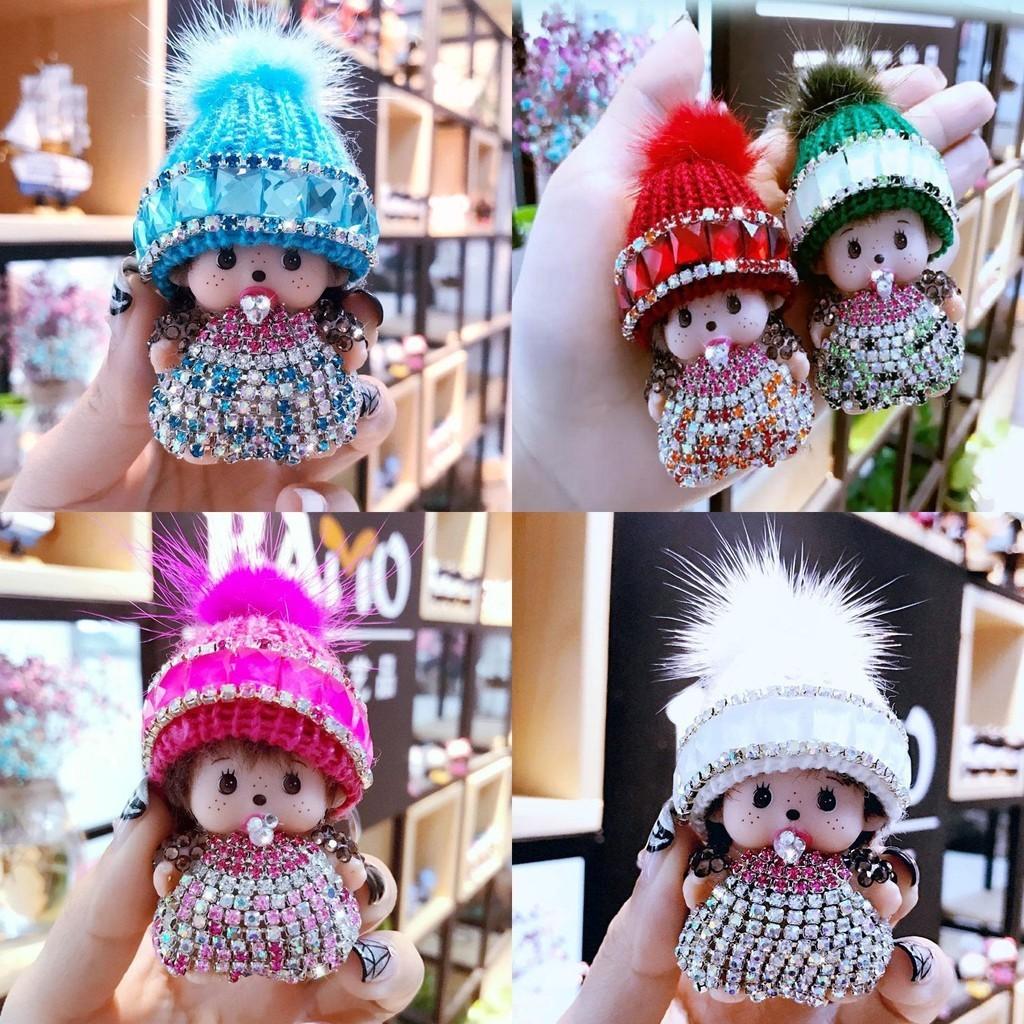 Crystal-studded Monchhichi Keychain Knit Hat Mink Pendant Arcade Prize Exchange Gift