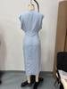European Apricot Waist-Cinched Summer Dress, Women's Round Neck with Button Slit, 2026 Collection