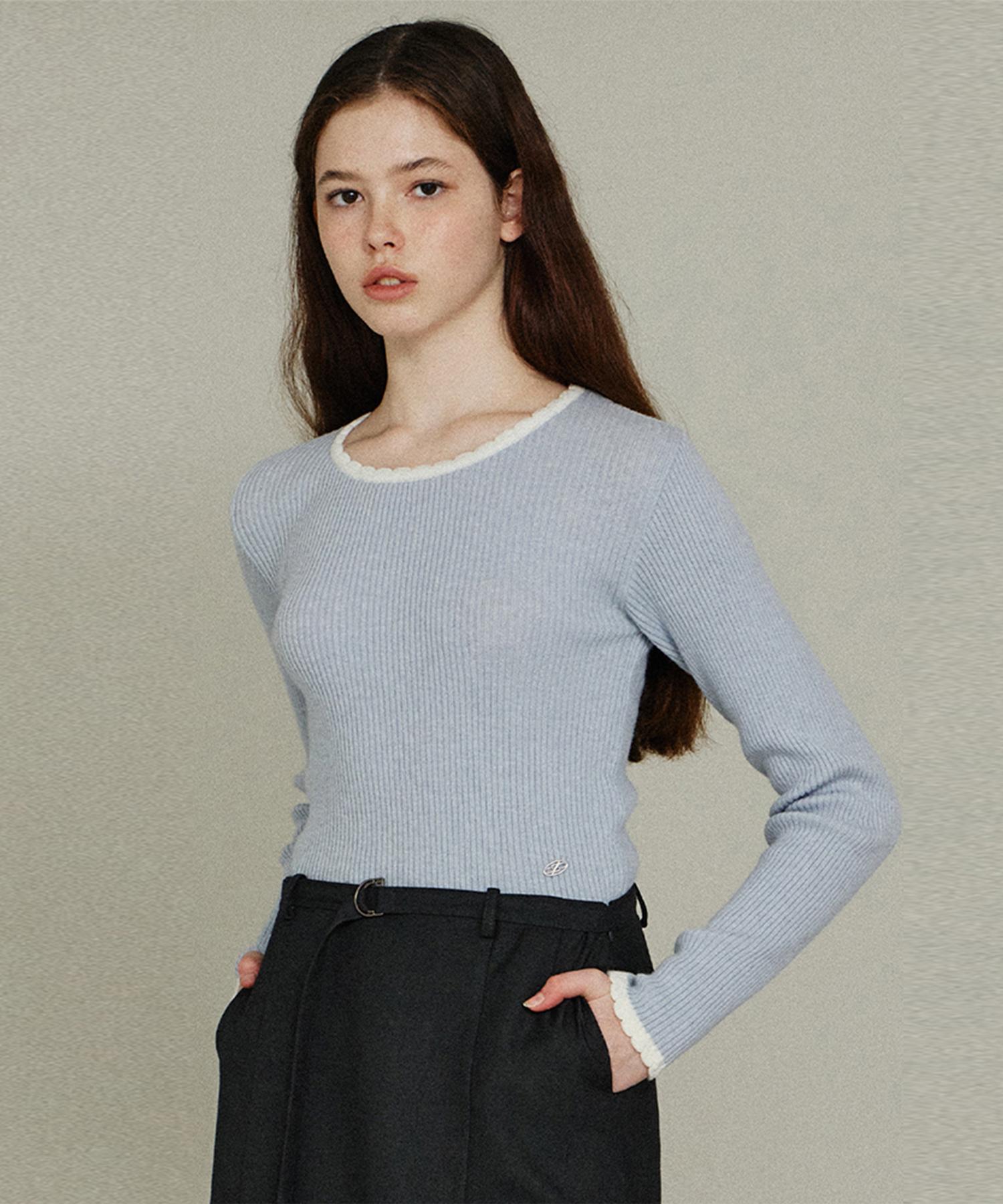 Itove Seoul Lambswool Scallop Slim Knit Sb Sky Blue/Free