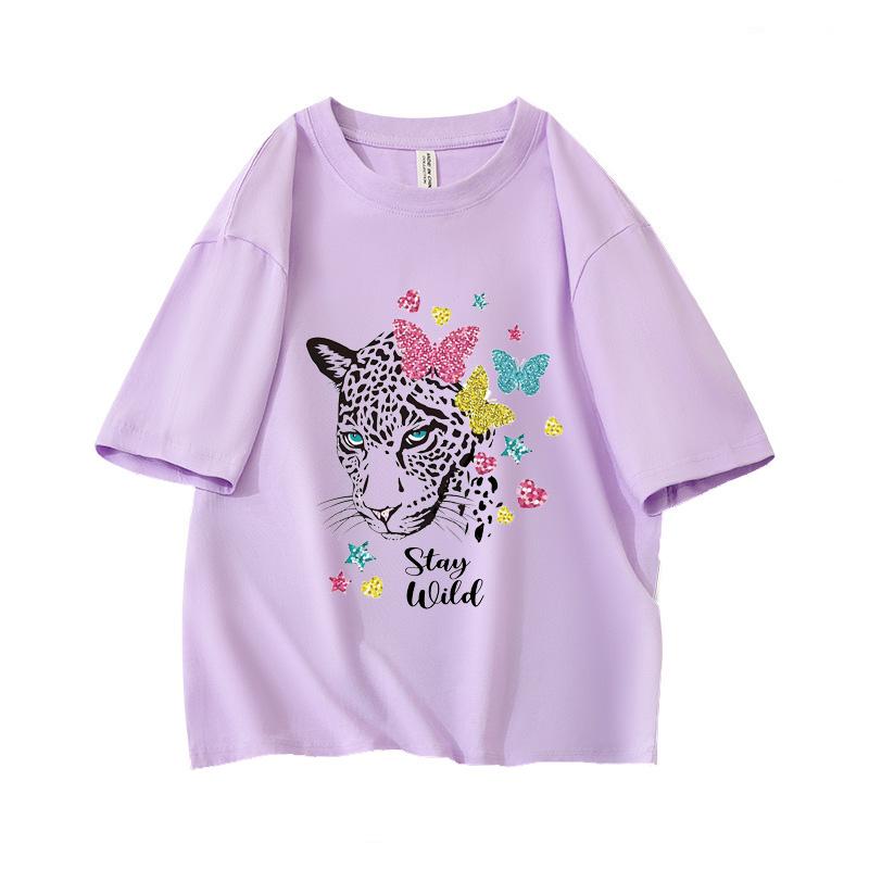 

Cheetah Leopard Glitter Butterfly Oversized Short Sleeve O Neck T Shirt Graphic Print 100 Cotton Women Tops clothes Summer L