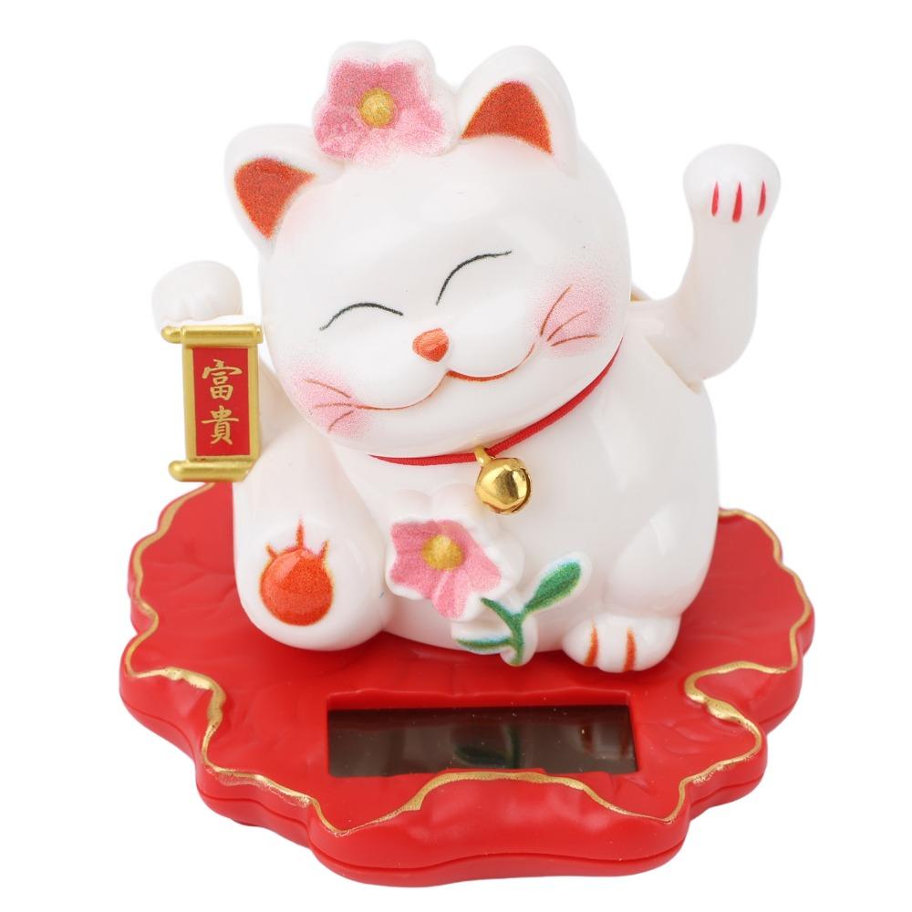 ABS Solar Waving Cat Ornament White Solar Feng Shui Cat Figurine Office Desk Decorative Figurine