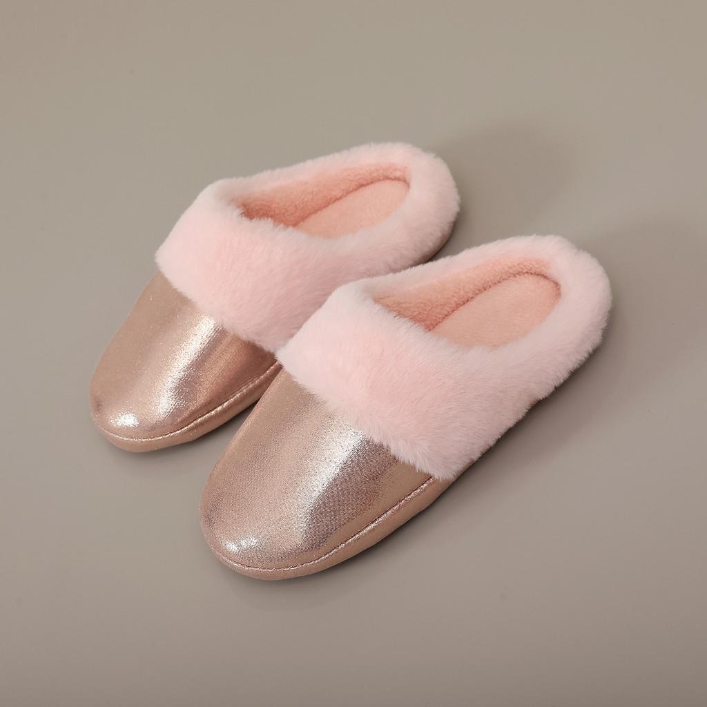 Imitation Fur Shiny Leather Cotton Slippers for Men and Women In Autumn and Winter, Anti Slip, Warm and Thick Fur Confinement Shoes, Bedroom Slippers