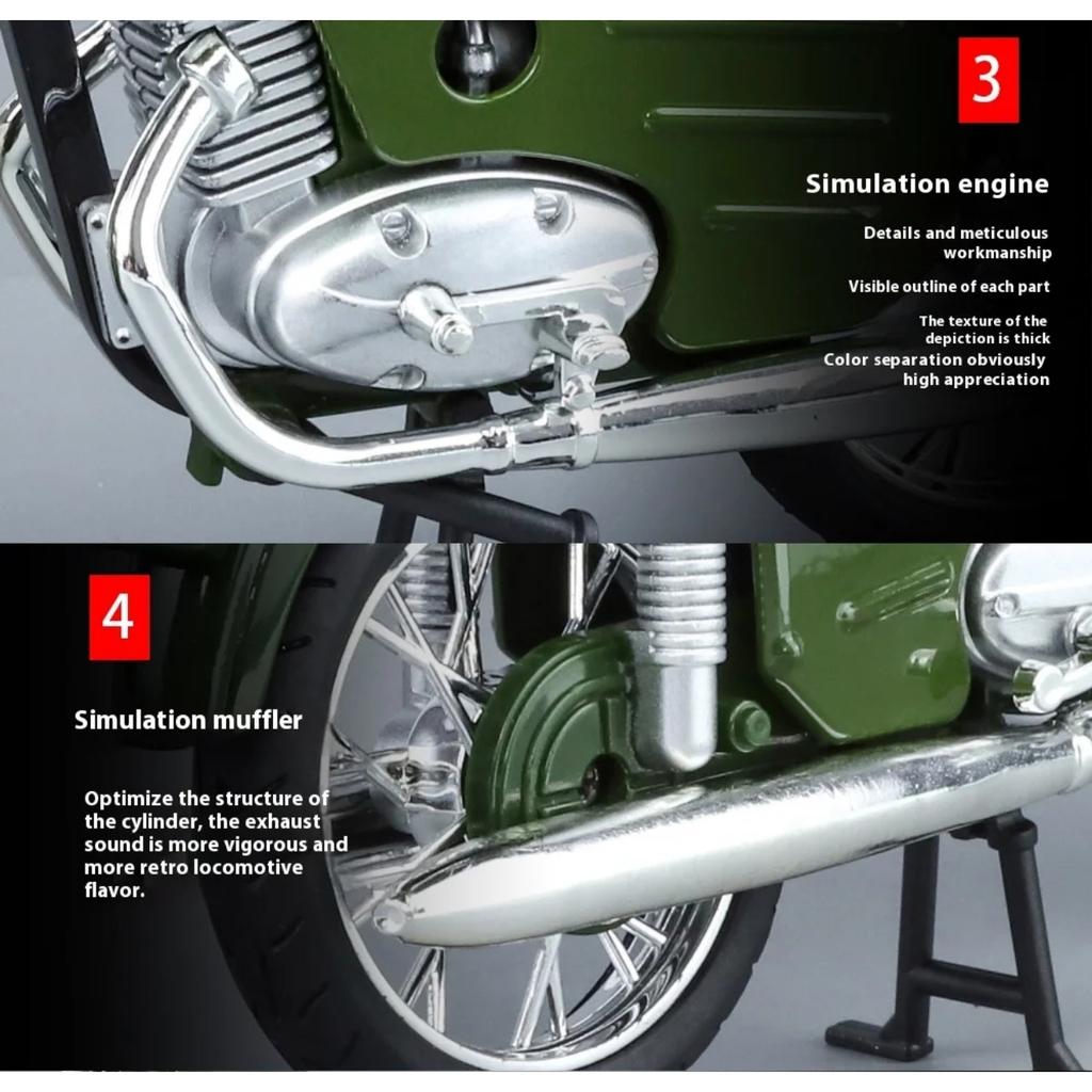 1/10 Scale Czechoslovakia Jawa250 Motorcycle Alloy Diecast Car Model Sound & Light Autocycle Indoor Desktop Exquisite Ornaments Gifts