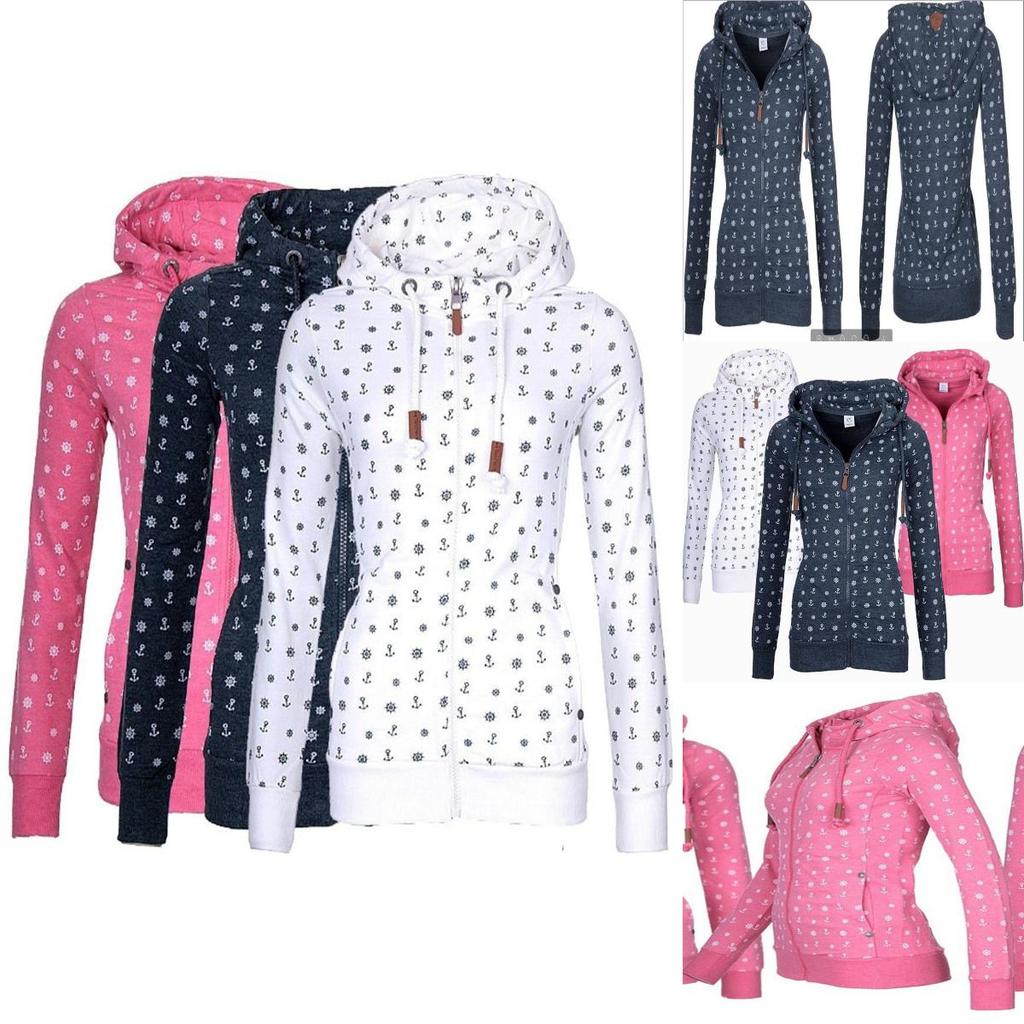 Luxuriöser und weicher Damen-Kapuzenpullover aus Fleece mit Seeanker-Print und Reißverschluss