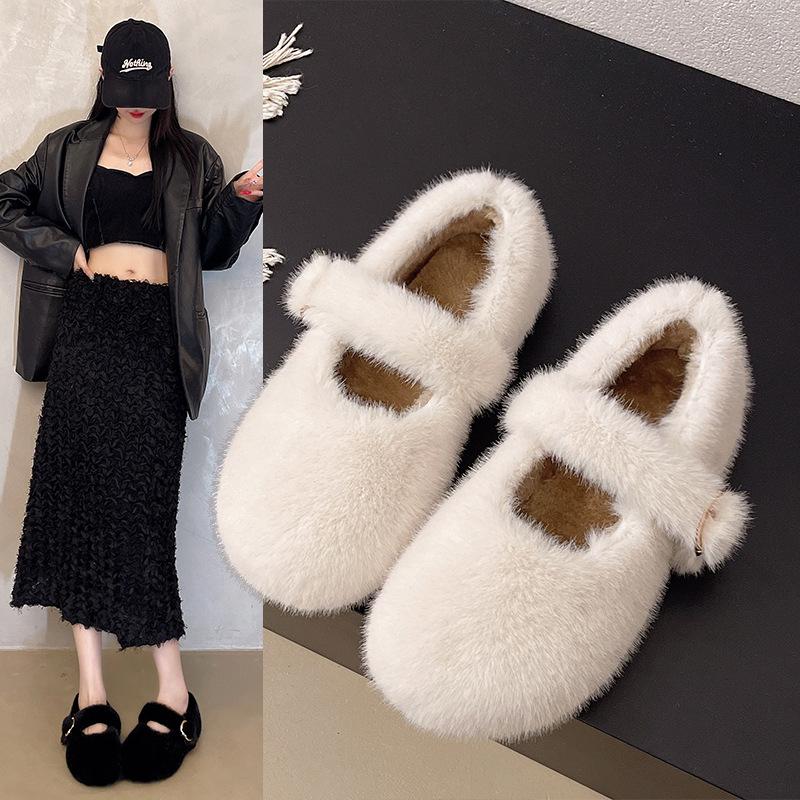 Sweet Fluffy Shoes for Women's Winter New Velvet Beanie Shoes, Shallow Mouth with Flat Bottom Warm Cotton Shoes for Women