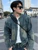 Unisex Retro gewaschene Jeansjacke mit gepolsterten Schultern & Stehkragen - Trendige und vielseitige Oberbekleidung für den Herbst.