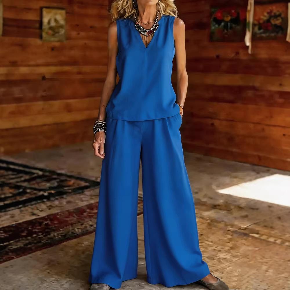 2026 Amazon Europe and the United States Cross-border Explosion Solid Color Elegant Two-piece Set V-neck Vest and Wide-leg Pants Set Women's Clothing